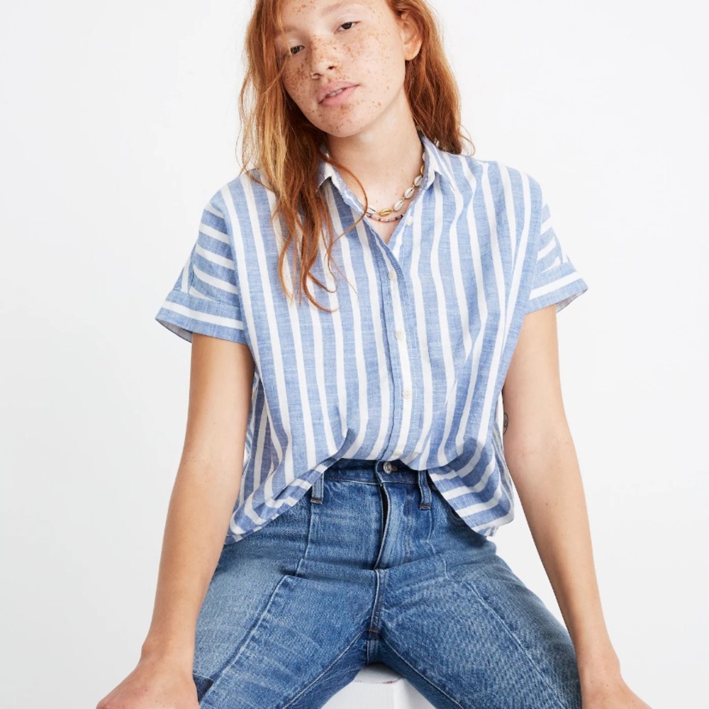 Madewell Blue and White Boxy Button Down Shirt